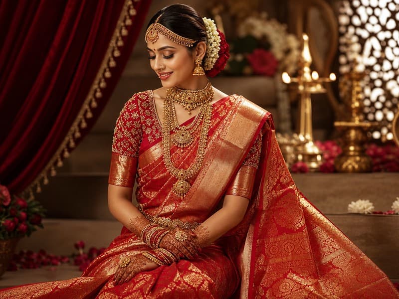Bridal sarees — classic red and gold wedding silk