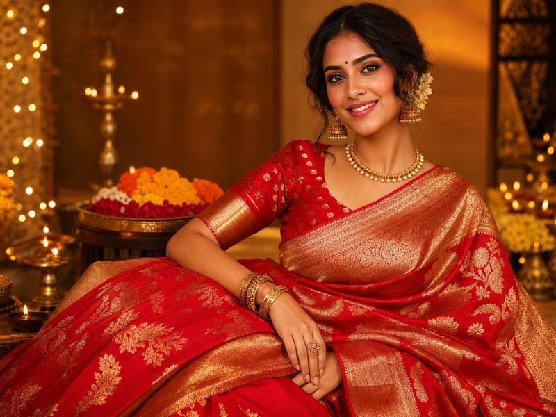 Festive saree collection — vibrant red and gold celebration weaves