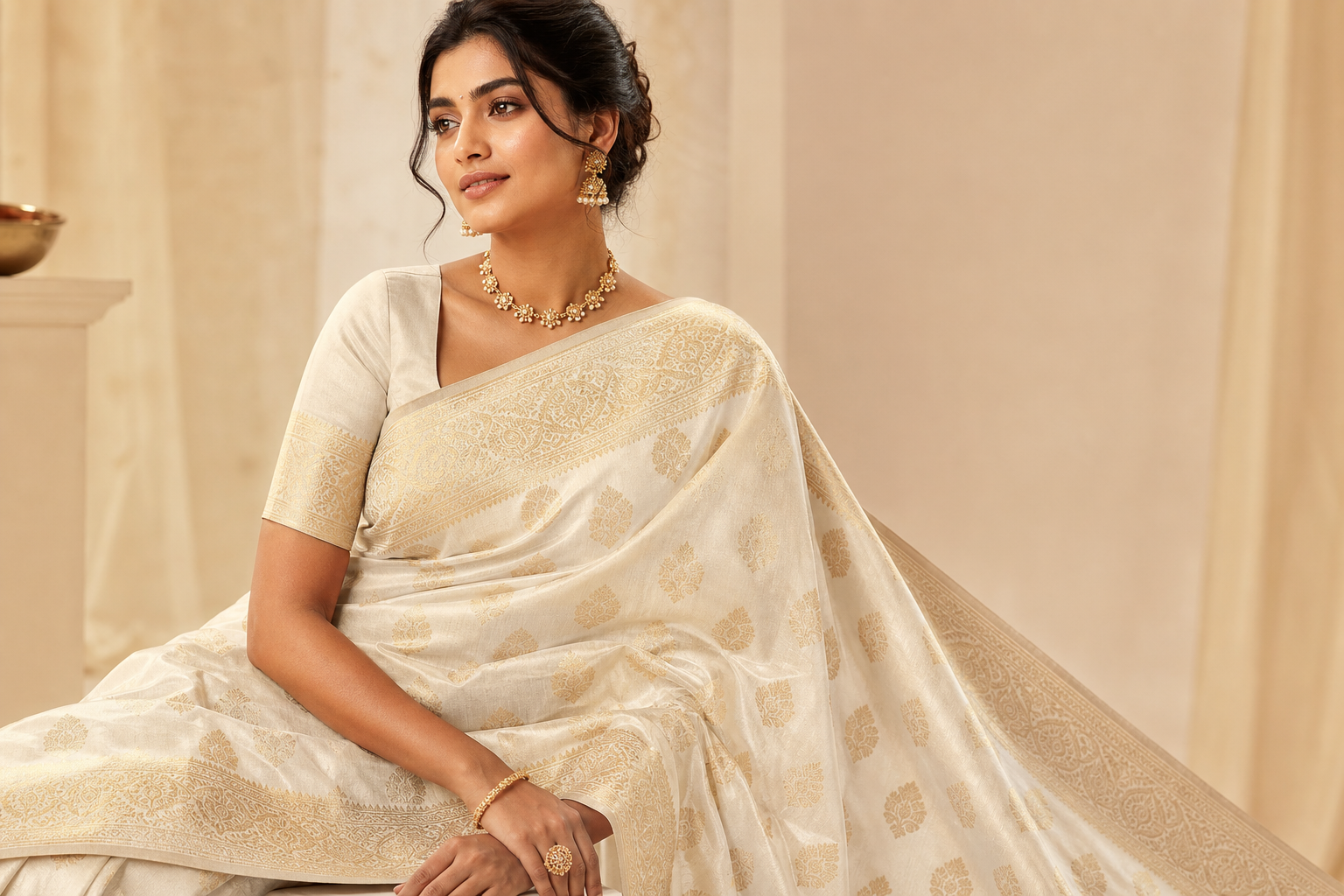 Ivory Banarasi Brocade Saree — Saavi Trendcape